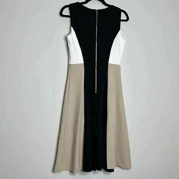 Color Block Dress Tan Black and White 
17 Pit to Pit
14’ Waist 
About 38 length - Picture 8 of 9